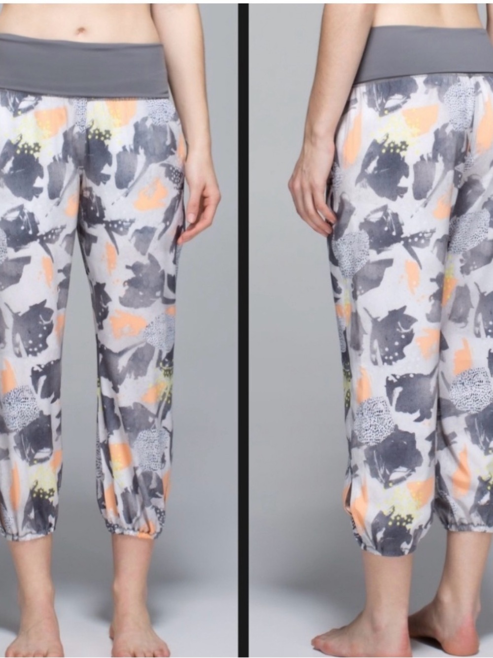 Lululemon Om jogger pants gray & orange Art Pop print Harem fold over waist sz 4